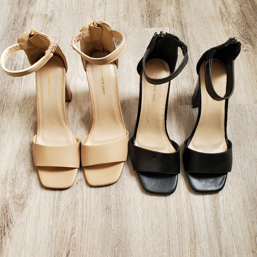 Lot of 2 Pairs Streetwear Society Black and Nude Block Heel Sandals size 7